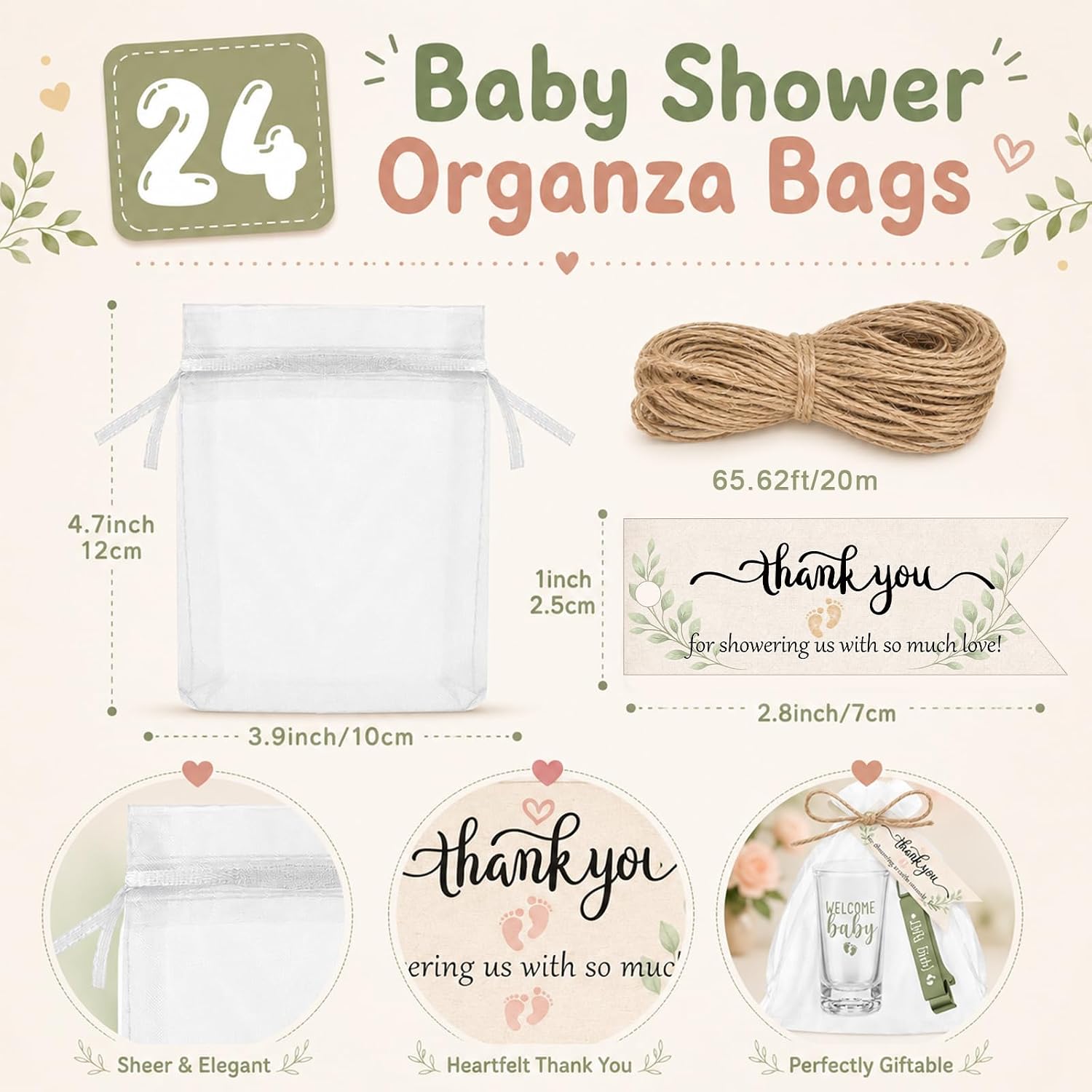 Pickmesh 96 Pcs Baby Shower Party Favors for 24 Guest, Boy Girl Shot Glasses Gifts, Bottle Openers, Thank You Tags, Organza Bags Gender Reveal Party Baby Shower Return Gifts for Guest (Sage Green)