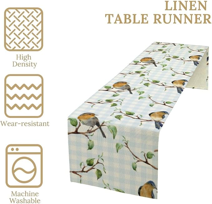 Bird Table Runner,Spring Birds Tree Blue Plaid Print Table Runner for Kitchen Dining Table Decoration Home Party Decor 13x60 Inch
