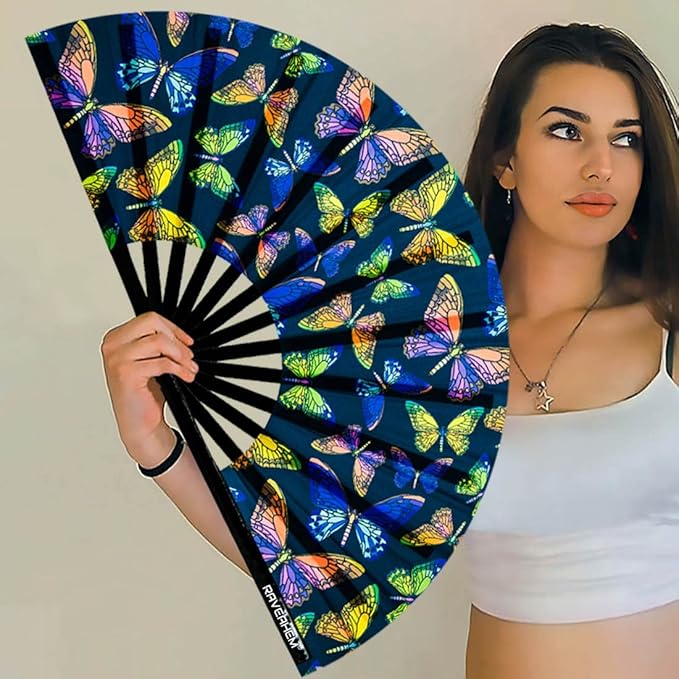 UV Glow Rave Fan, Bamboo Folding Clack Hand Fans Foldable for Men Women, Boots on the Ground Poping Fan for EDM Festival Line Dance Decoration, (Butterfly-1, Large 13")