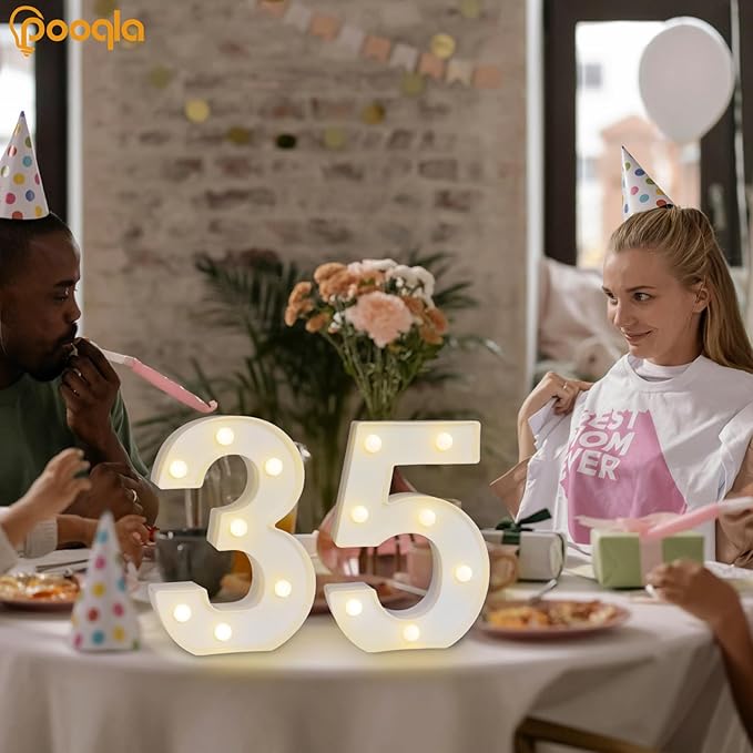 Pooqla Decorative LED Light Up Number Letters, White Plastic Marquee Number Lights Sign for 35th Birthday Party Wedding Decor, Battery Operated (35)