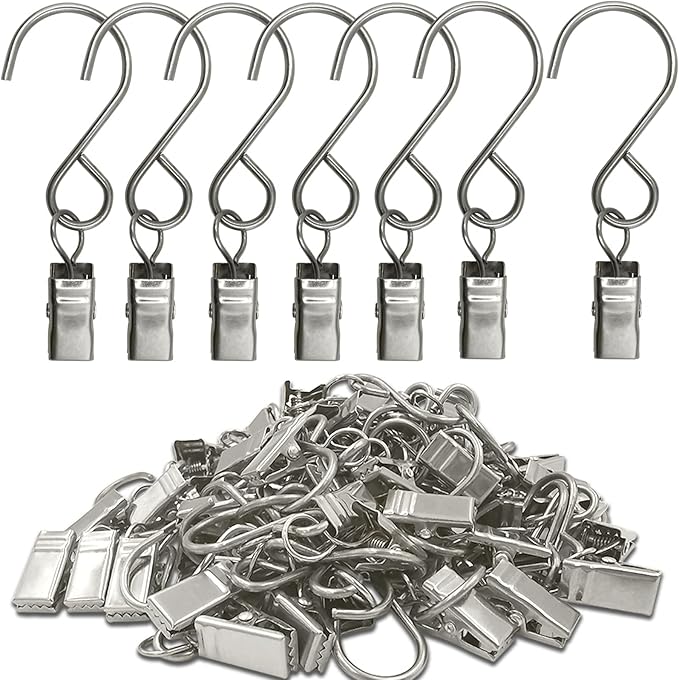 Stainless Steel S Hooks Curtain Clips, 50 Pack Hanging Party Lights Clips, Hangers Gutter Photo, Art Craft Display, 3 Inch Long, Silver