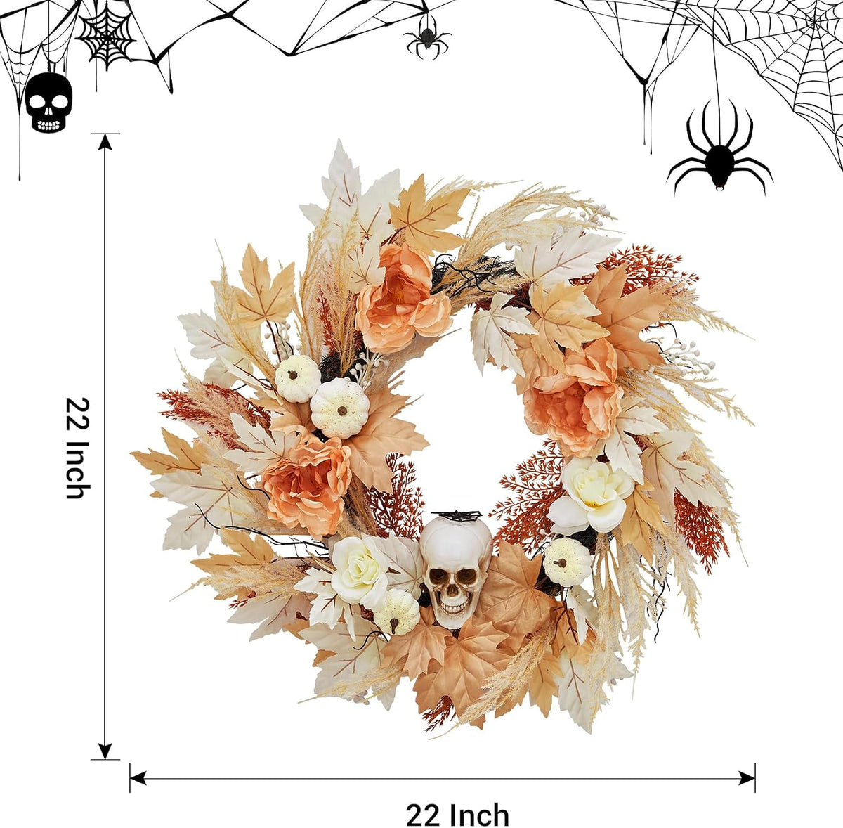 GarveeHome 22 in Halloween Skull Wreaths for Front Door, Fall Maple Leaves Wr...