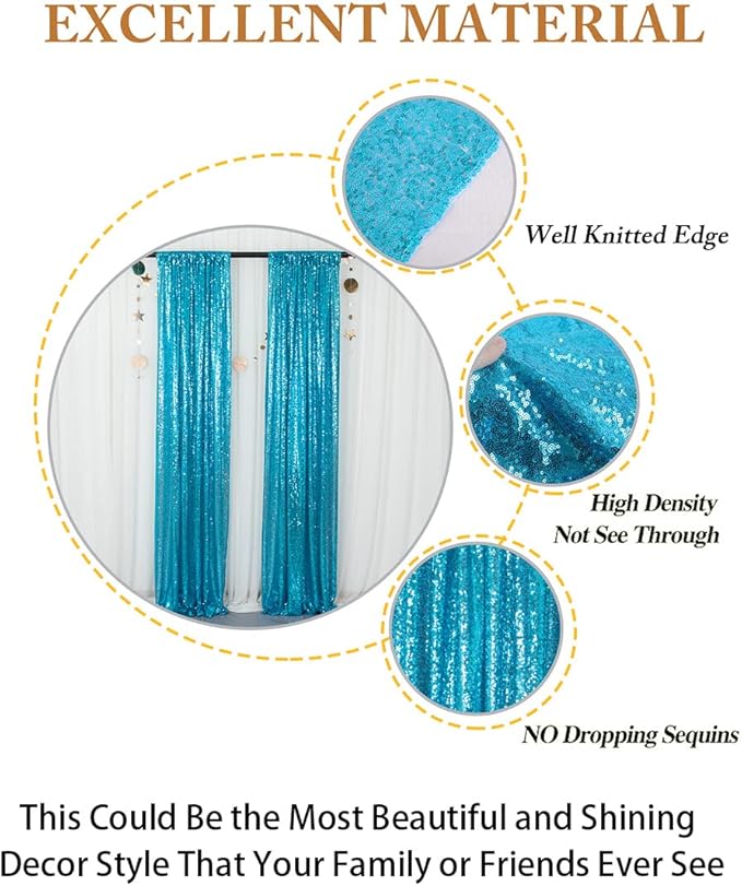 ShiDianYi Sequin Backdrop Turquoise 2 Panels 4FTx10FT Backdrops for Photograph Aqua Blue Sequin Photo Backdrop for Birthday Sparkle Wedding Drapery Glitter Background