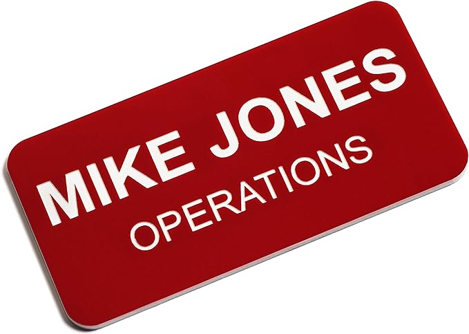 Custom Engraved Name Tag Badges – Personalized Identification with Pin or Magnetic Backing, 1.5 Inches x 3 Inches, Red/White