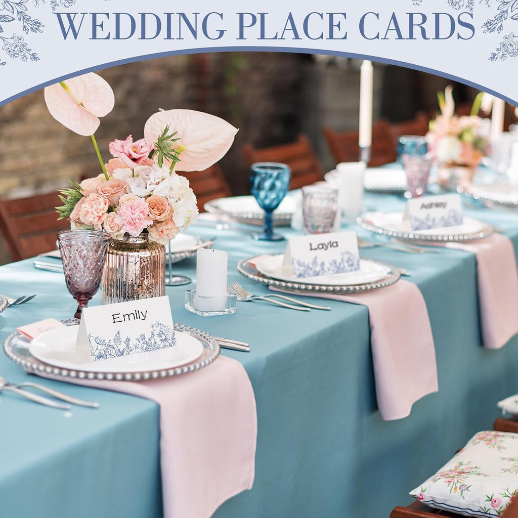 Dunzoom 100 Pcs Blue Floral Place Cards 3.5" x 2" Chinoiserie Blue White Flower Tented Name Card Blank Table Name Sign for Wedding Baby Shower Birthday Party Banquet Table Setting Supplies