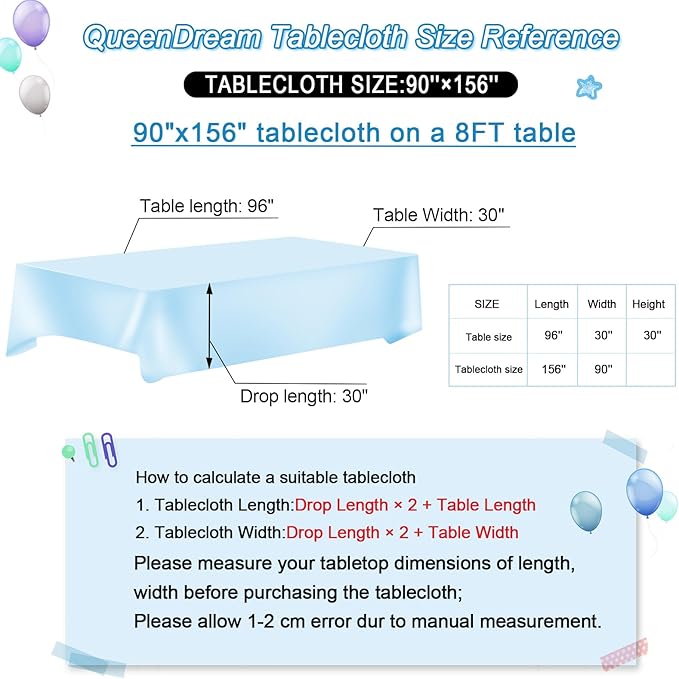 QueenDream Baby Blue Sequin Tablecloth 90x156 Inch Glitter Table Cloth for Baby Shower Birthday Party Decorations