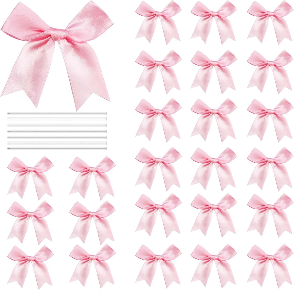 50 Pcs Twist Tie Bows Satin Ribbon Bow 3.3 Inch Gift Wrap Bow Craft Bows for Gift Wrapping, Party Decorations Gifts Bag DIY Treat Bags Light Pink