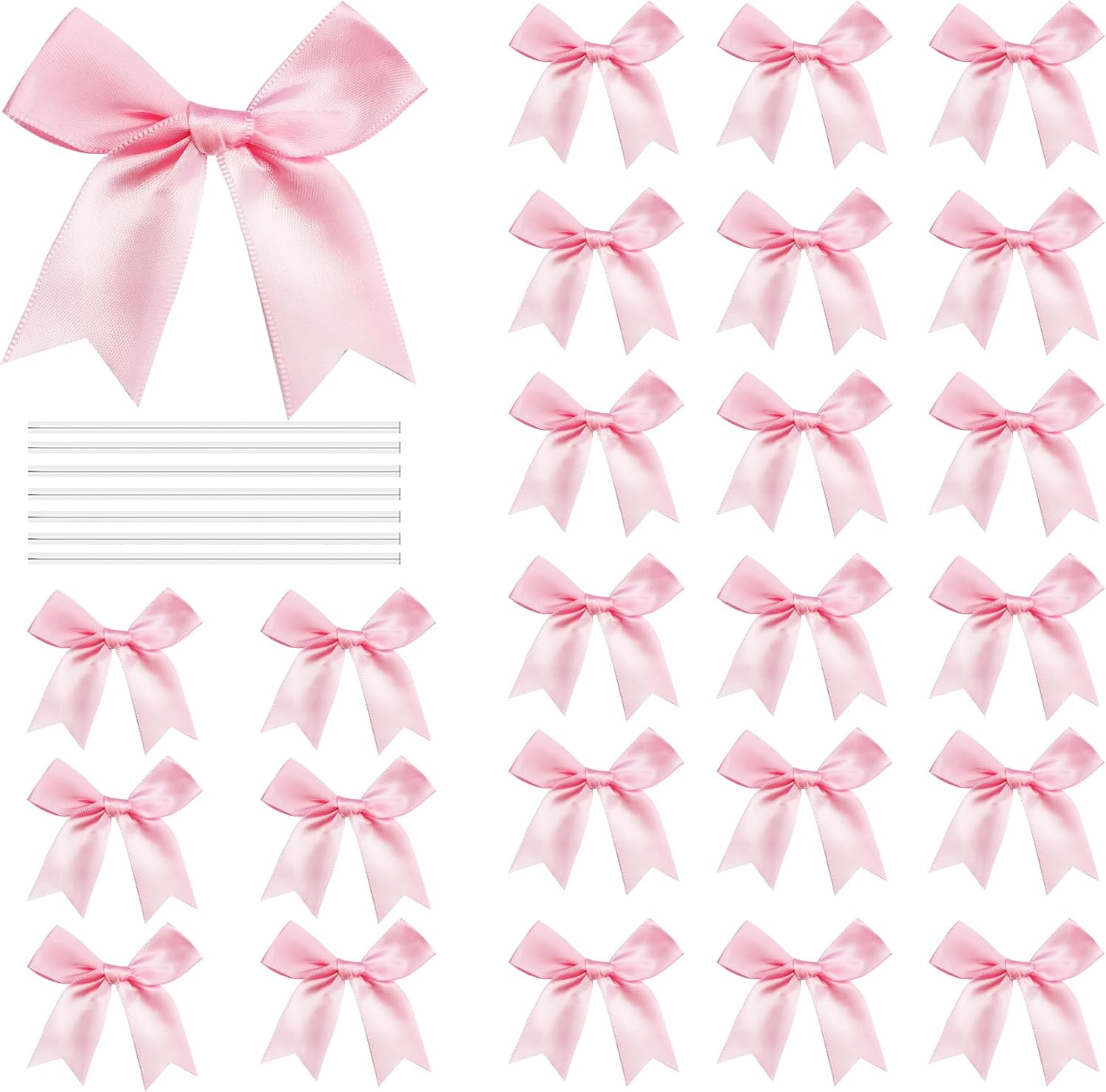 50 Pcs Twist Tie Bows Satin Ribbon Bow 3.3 Inch Gift Wrap Bow Craft Bows for Gift Wrapping, Party Decorations Gifts Bag DIY Treat Bags Light Pink