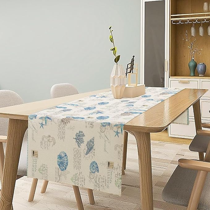 Starfish Table Runner,Vintage Nautical Seashell Tropical Beach Theme Coastal Ocean Sea Burlap for Hotel Indoors Outdoor Dining Room Kitchen Tablecloth, 13x36in