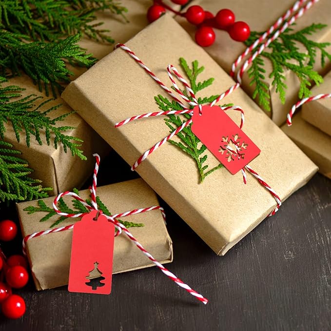 jijAcraft Christmas Gift Tags - 150Pcs Christmas Tags with String, Blank Red Paper Hollow Trees, Rudolph, Snowflake Shapes Holiday Labels for Xmas Party Favors, DIY Crafts, Jar