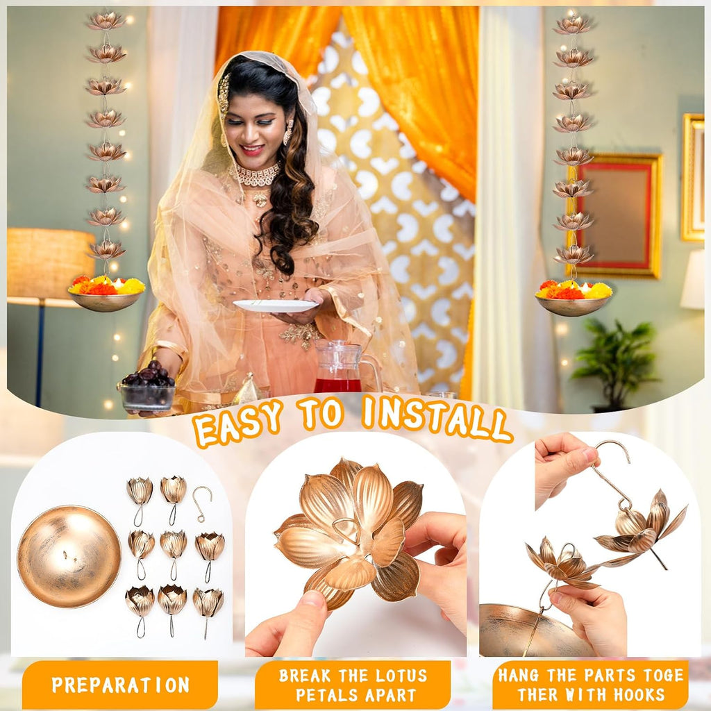LemonRoad 2 Set Diwali Hanging Urli Bowl Metal Lotus Floating Diya Pot for Flowers & Decor Wall Hanging Uruli Candle Holder for Mandir, Diwali Gift, Indian Traditional Festival Decoration