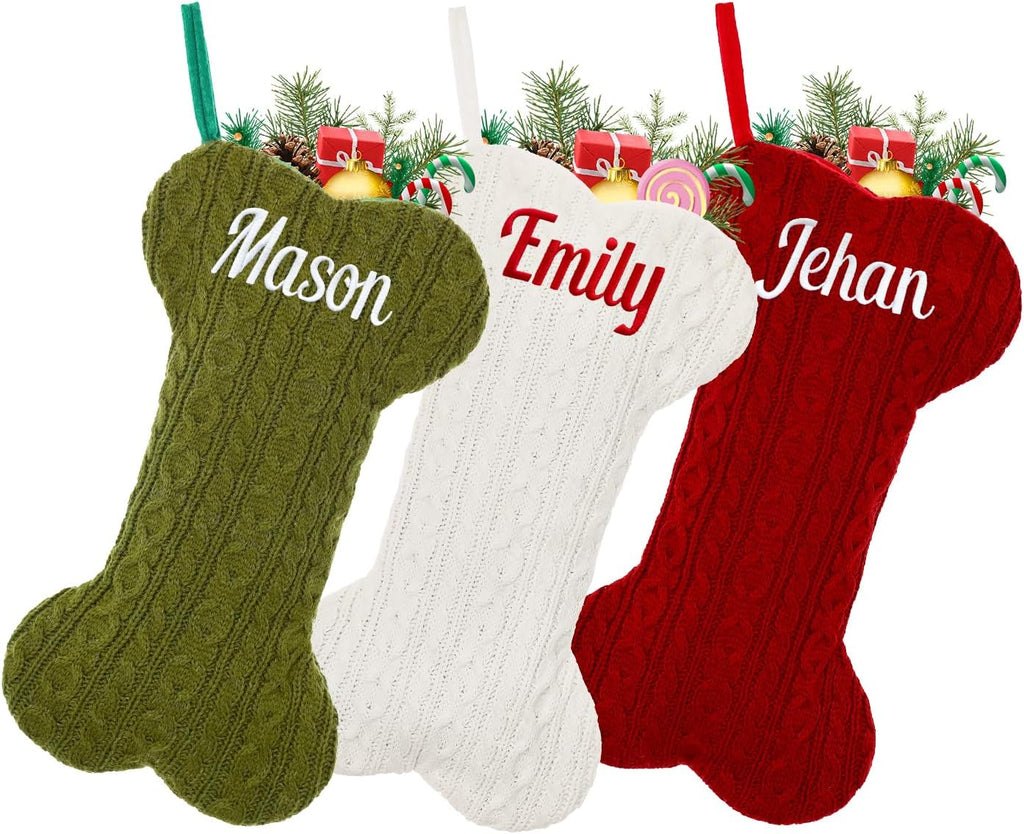 Personalized Pet Christmas Stocking,18 inch Custom Name Knit Christmas Stockings for Dog，Large Bone Xmas Stockings (Set of 1)