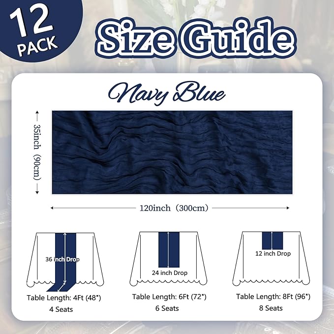 12 Pack Navy Blue Cheesecloth Table Runner 10ft Boho Gauze Fabric Cheese Cloth Table Runner 35 x 120 Inch Rustic Sheer Runner for Romantic Wedding Decor Baby Shower Party Table Centerpiece Decoration