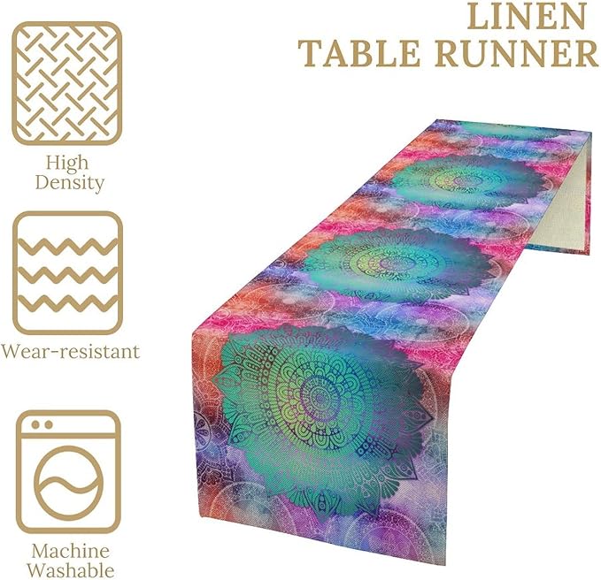 Green Mandala Table Runner, Bohemian Vintage Colorful Exotic Colorful Floral Print Table Runner for Wedding Dining Table Holiday Party Kitchen Home Decor, 13x90inch