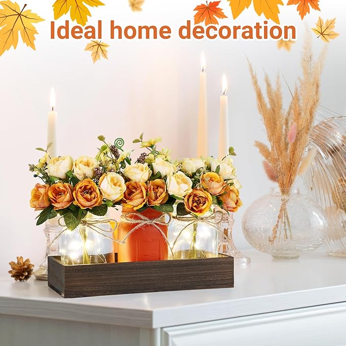 Mason Jar Lights Centerpiece Table Decorations Fall Decor for Home – 3 Jar Flowers with String Lights and Wooden Tray for Dining Room, Farmhouse Autumn Wedding, Kitchen, Living Room, Bathroom