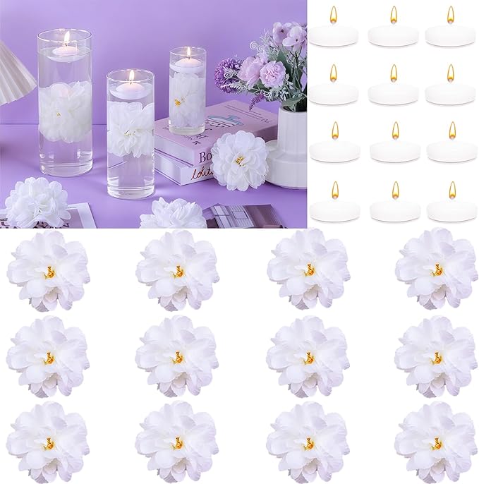 24 Pcs Floating Candles for Centerpieces and Floating Flowers Vase Fillers for Centerpieces White Artificial Flowers for Wedding Table Party Home Decoration