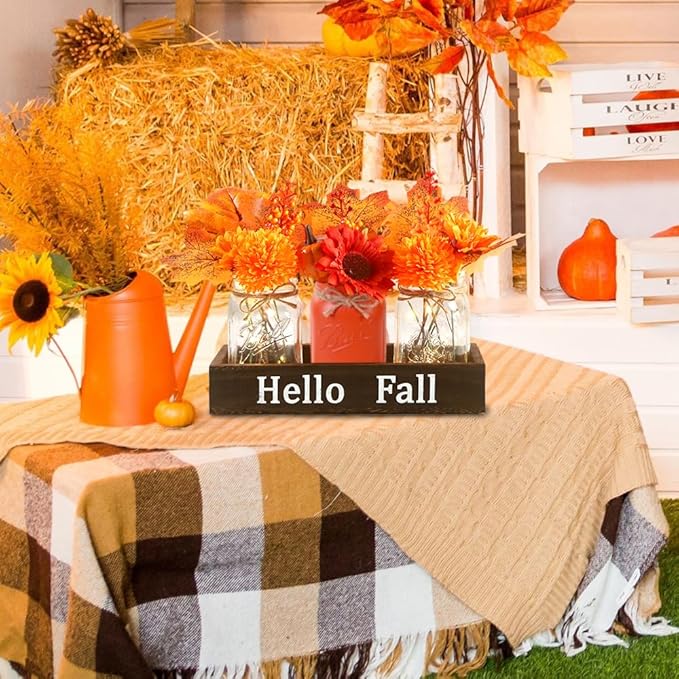 DIYDEC 3PCS Fall Mason Jars 3 * 5Inch Lighting Painted Thanksgiving Tiered Tray Decorative Jars with Wood Tray &Artificial Flowers Wishing Bottles for Autumn Holiday Home Table Centerpiece Decor Gift