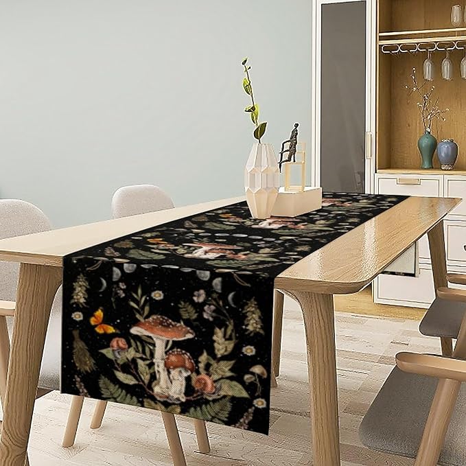 Mushroom Kitchen Table Runner, Boho Vintage Wild Flower Gothic Witchy Moonlit Forest Plant Table Runner for Bedroom Living Room Kitchen Dinner Table, 13x60 Inch