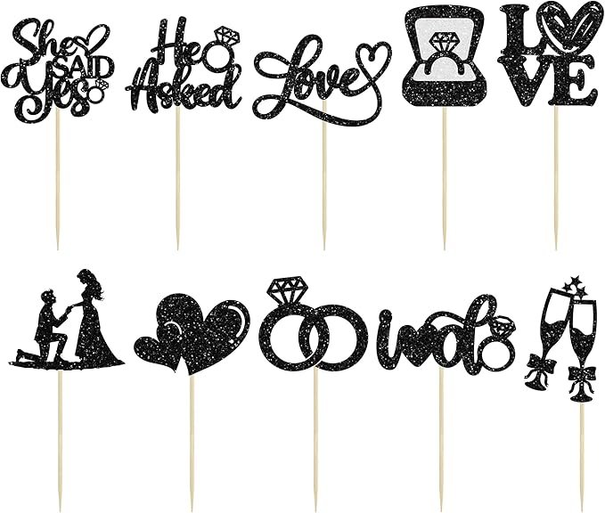 Ephlyn 30Pcs He Asked She Said Yes Cupcake Toppers Glitter Engagement Cupcake Toppers Diamond Ring Heart Love I Do Cupcake Picks for Engagement Wedding Party Cake Decorations Black