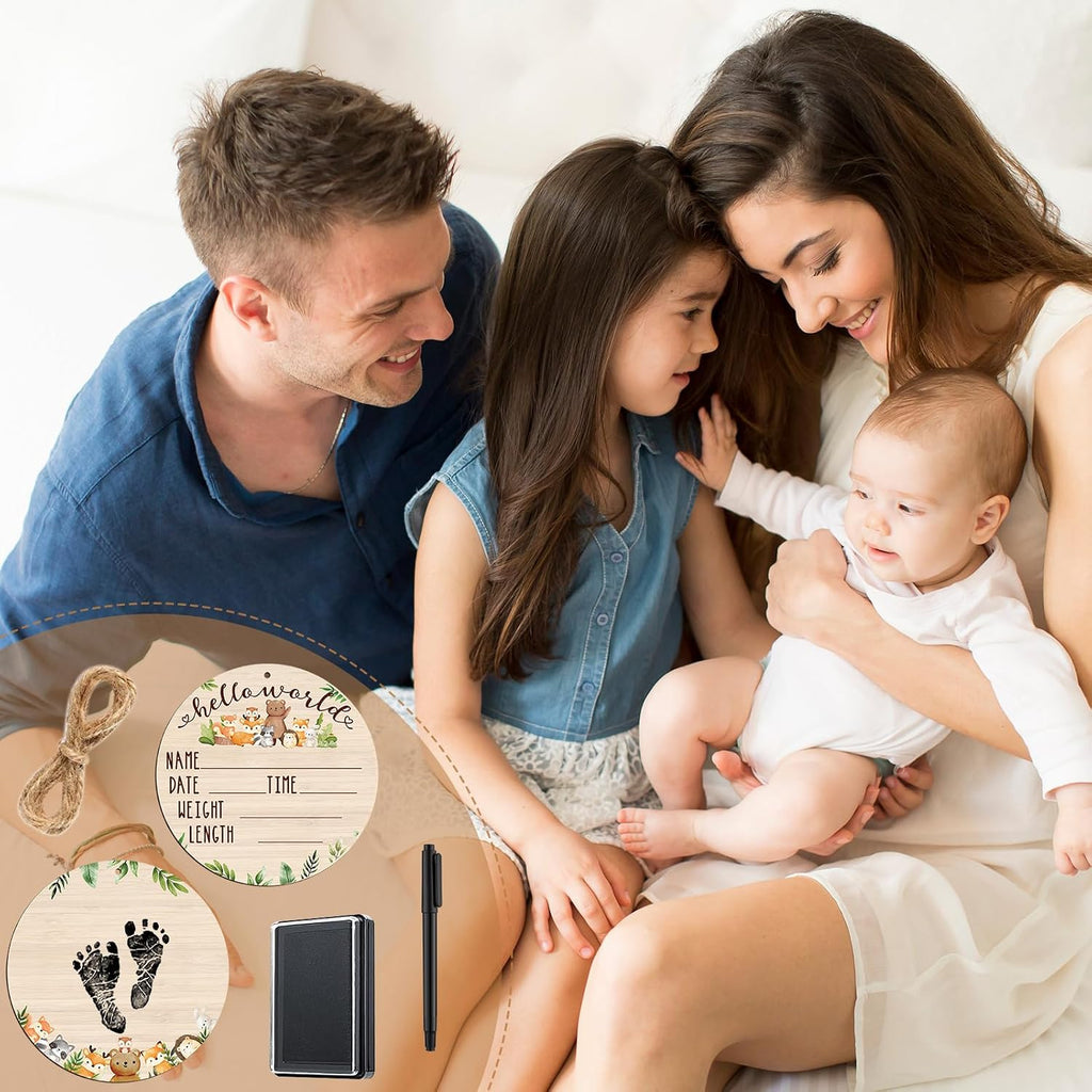 Thyle Baby Announcement Wooden Name Sign for Hospital Birth Double Sided Newborn Welcome Sign with Marker Pen and Ink Pad for Baby Shower Hand Footprints(Jungle)