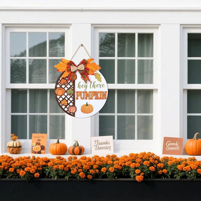 CHDITB Hey There Pumpkin Front Door Sign Wreath(12"x12"), Wooden 3D Hello Fall Autumn Decoration Wall Hanging, Rustic Welcome Home Decor Hanger for Porch Outdoor Thanksgiving