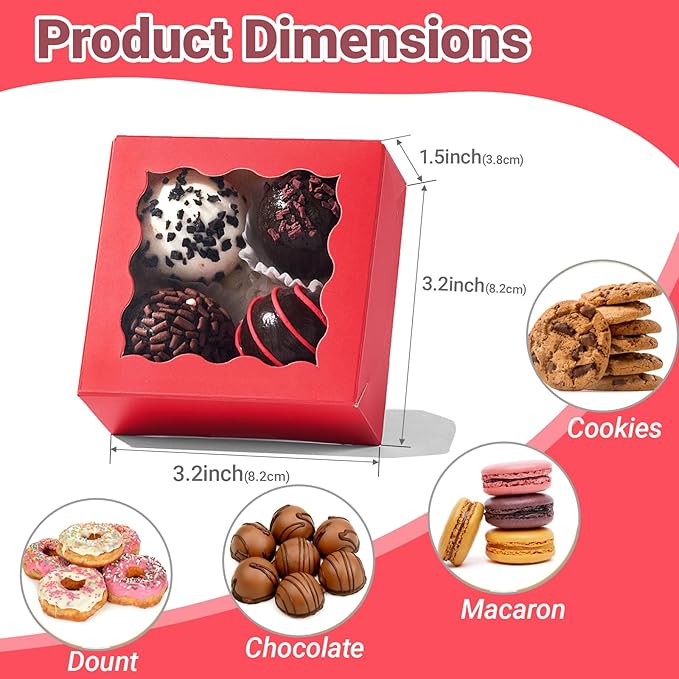 RomanticBaking 3 ¼" x 3 ¼" x 1 ½" 50PCS Chocolate Truffle Boxes for 4，Cookies Boxes Soap Boxes Donut Boxes Macaron Boxes Mini Bakery Boxes with Window Brownie Box