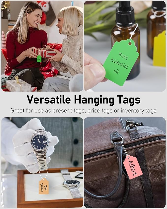Uniclife 200 Pcs Price Tags with String Attached 1.8 Inch Writable Colored Hang Tag String Tags for Pricing Clothing Jewelry Price Display Labels Blank Merchandise Marking Paper Tag, 1.8" x 1.05"
