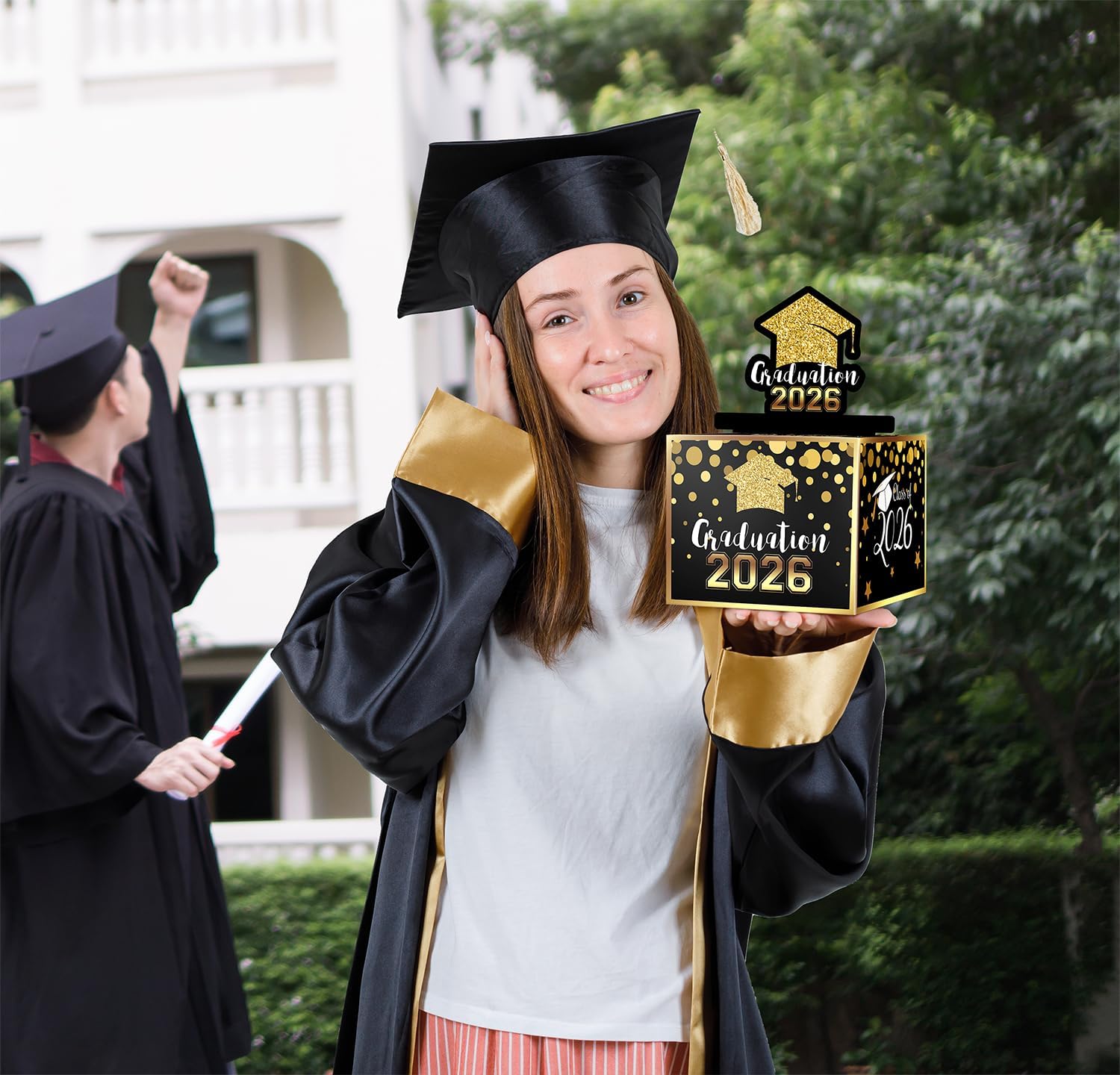 Linelglobal 2026 Graduation Box for Cash Gift, Pull Out Money Box for Boys Girls, Congrats Grad Surprise Funny Black Gold