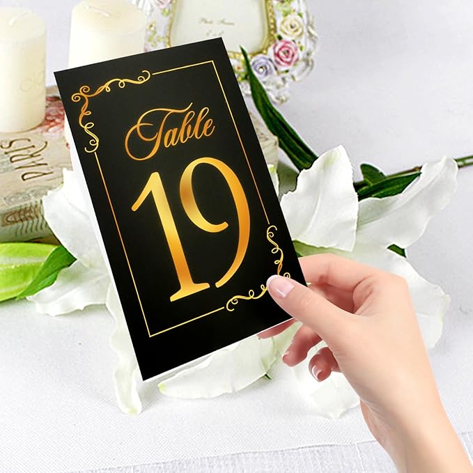 Wedding Table Numbers 1-30 with Head Table Card, Black & Gold Cards and Holders, 1 Set of 31 for Wedding Reception