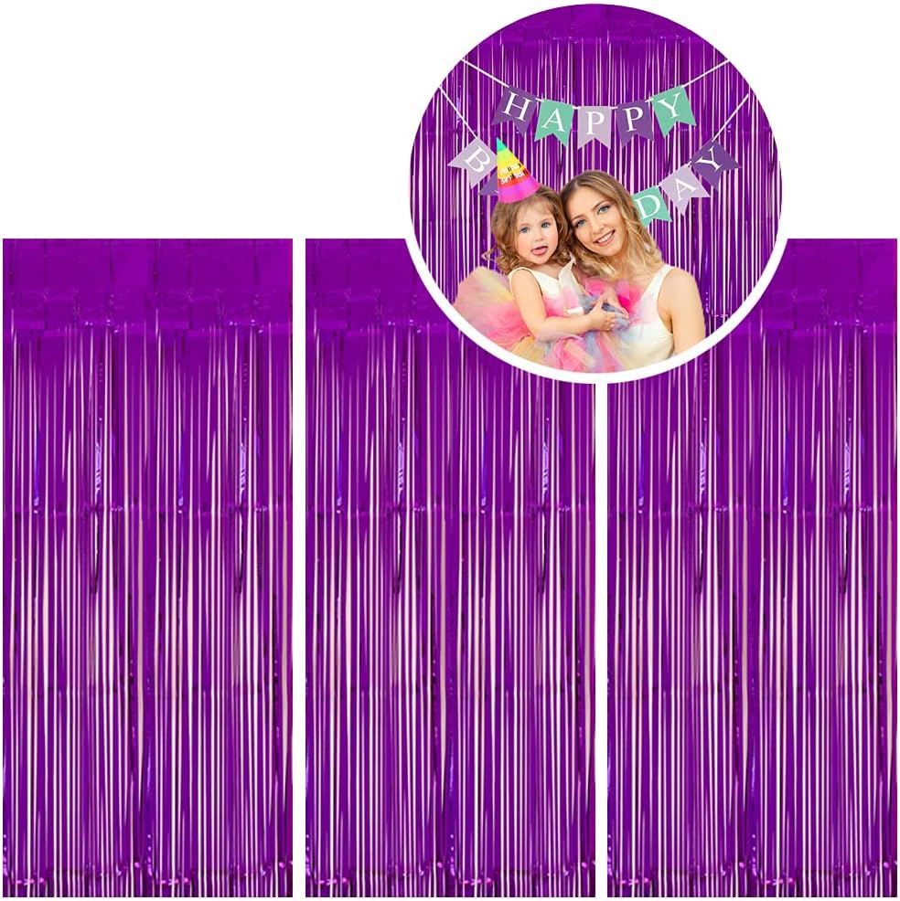 3pc Purple Tinsel Foil Fringe Curtain Backdrop for Mardi Gras Mermaid Under The Sea Themed Wedding Bridal Shower Engagement Graduation Birthday Halloween Party Decorations