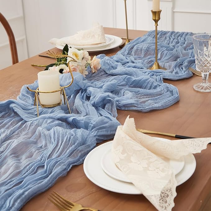 Dusty Blue 2 Pack Cheesecloth Table Runner 120 Inch 10 FT Boho Rustic Gauze for Wedding Baby Shower Party Farmhouse Summer Home Decor Washable