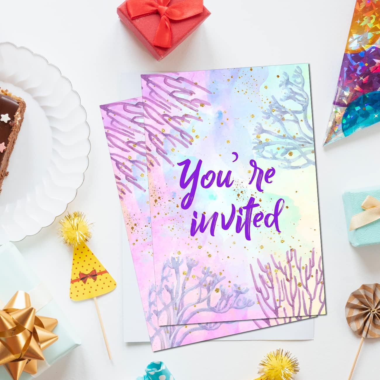 Soiceu Cute Under the Sea Mermaid Birthday Party Invitations with Envelopes Set of 20 Purple Pink Girl Birthday Party Invites