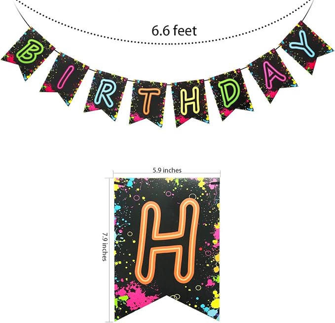 Glow Party Happy Birthday Banner Decoration（Already Assembled）, 80s Birthday Banner Let's Glow Party Decorations, Glow in the Dark Party Supplies, Neon Party Birthday Decorations