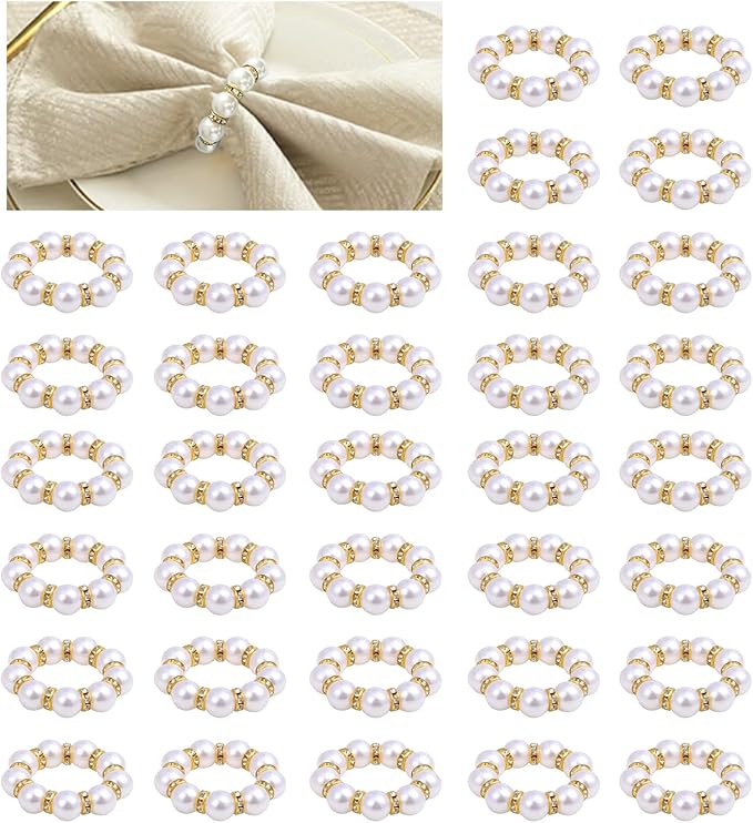 48 Pcs Gold Disposable Napkin Rings, Delicate Pearl Napkin Ring Holder, White & Golden Beaded Serviette Buckles for Formal Wedding Dinner Home Decor Party Supplies