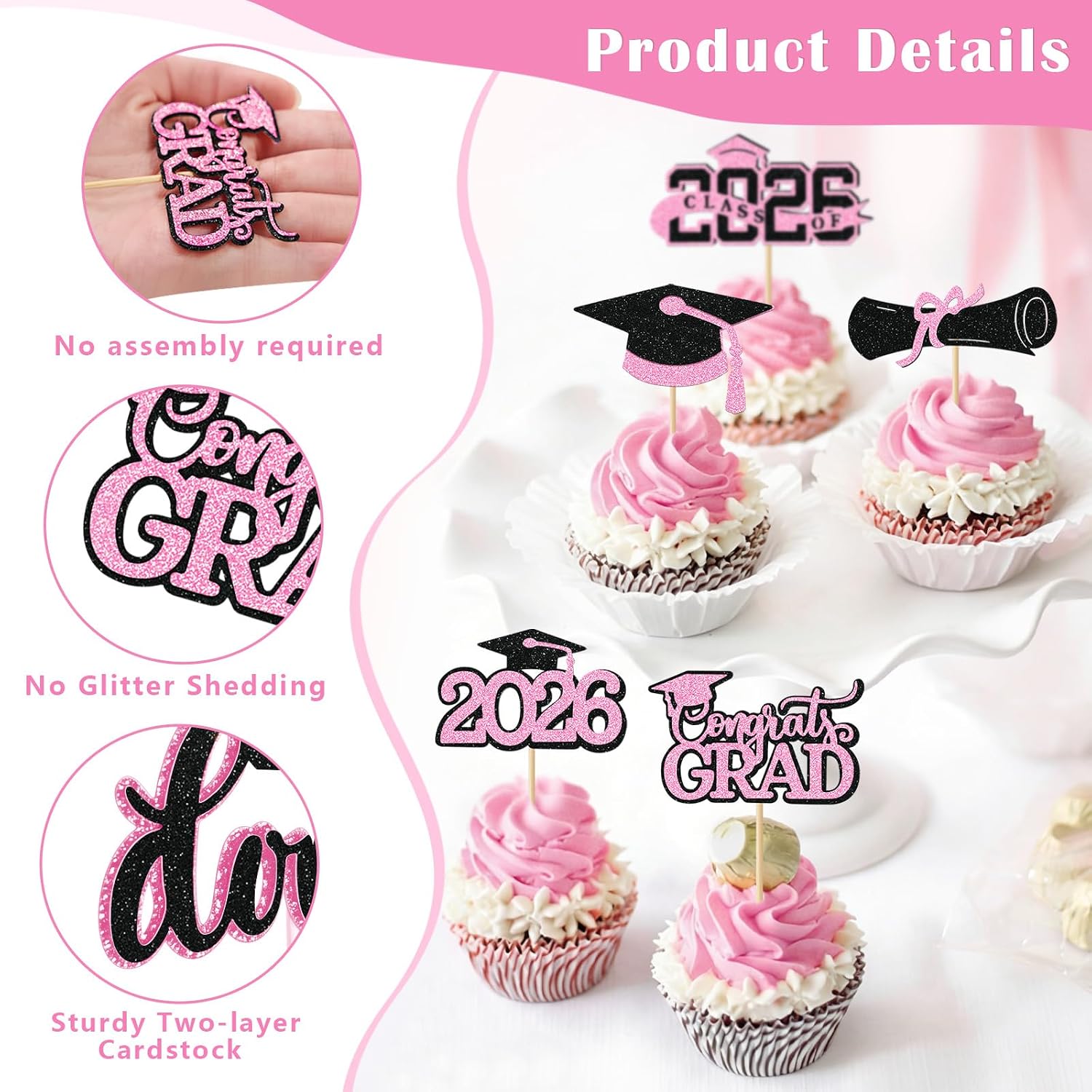 Pink Graduation Cupcake Toppers 2026, 36pcs Glitter Class of 2026 Cupcake Toppers for Graduation Party Decoration Grad Cap Diploma Done Congrats Grad Picks for Food Dessert Party Supplies
