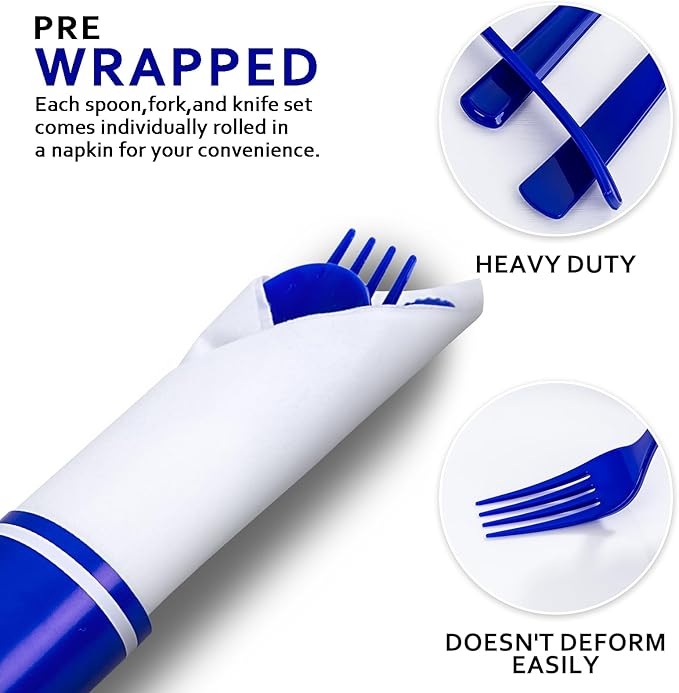 400PCS Pre Rolled Blue Plastic Silverware Sets - Heavy Duty Blue Cutlery - Include 100 Pack Wrapped Disposable Utensils with Napkins for Parties & Dinners & Weddings
