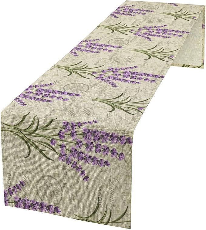 Floral Lavender Table Runner,Vintage Rustic Country Romantic Purple Flower Pattern Print Burlap for Hotel Indoors Outdoor Dining Room Kitchen Home Decor, 13x60in