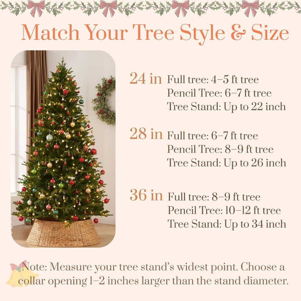 YANGQIHOME 24in Christmas Tree Collar, Rattan Tree Skirt, Woven Water Hyacinth Tree Base Cover for Home Decoration with Cord Cut-Out