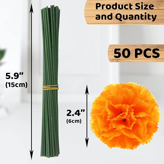 Hananona 50 Pcs Marigold Flower Heads Bulk, Silk Marigolds with Stems Artificial Mexican Flowers for Diwali Day of The Dead Dia De Los Muertos Ofrenda Decor