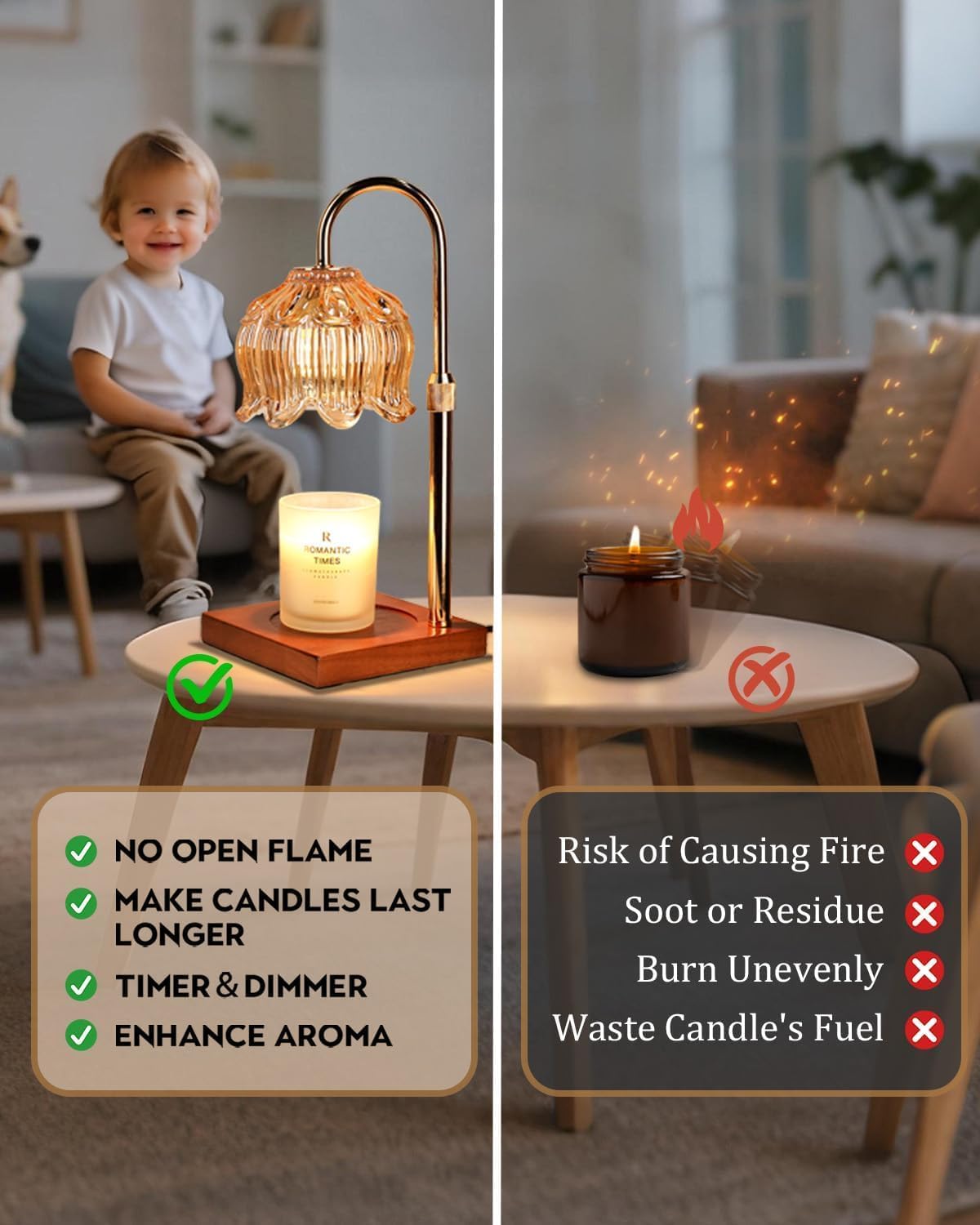 Funistree Flower Candle Warmer Lamp with Timer & Dimmer, Adjustable Height Candle Warmer, Christmas Birthday Gifts for Women Mom, House Warming New Home Decor, Wax Warmer with 2 Bulbs for Jar Candles