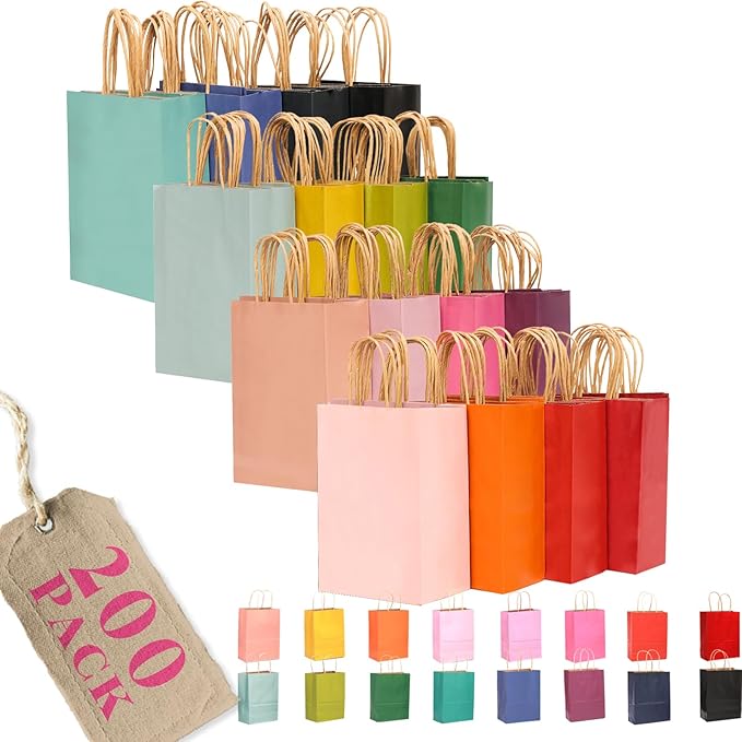 qiqee 200Pcs Paper Gift Bags with Handles - 8.3"x6"x3.15" Small Party Favor Bags Multiple Uses - 16 Solid Colors