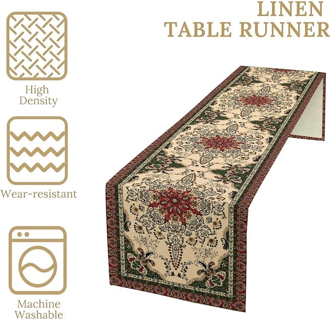 Vintage Paisley Bohemian Table Runner Beige Red Rustic Farmhouse Home Kitchen Table Dining Coffee Room Garden Party Wedding Decor 13x90in