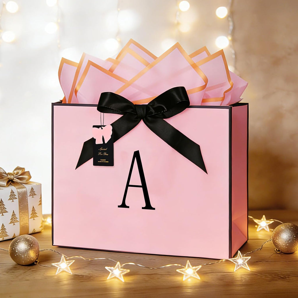 ZUKEPU Birthday Gift Bag, Personalized Initial Pink Gift Bags for Women & Girls, Medium Valentines Gift Paper Bags with Card and Tissue Paper, Stands up perfectly for Weddings, Party & All Holidays (Pink, A-Medium)