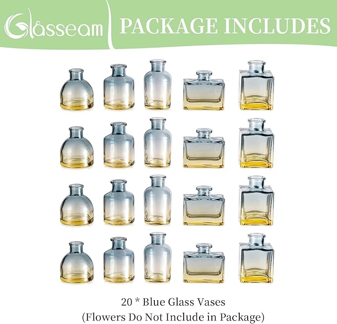 Glasseam Mini Bud Vases for Centerpieces: Clear Small Flower Vase Set of 20 Cute Tiny Glass Table Centerpieces Modern Wedding Birthday Party Baby Shower Dining Room Decoration Yellow Blue