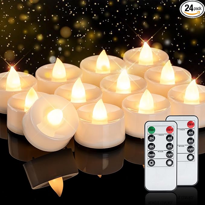 Homemory 24pcs Flameless LED Tea Lights with Remote & Timer, 400+Hours Realistic Flickering Battery Candles for Seasonal, Tabletop, and Centerpieces Decor