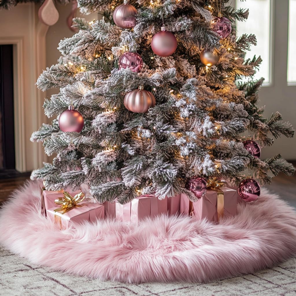 72 Inch Pink Christmas Tree Skirt Plush Decoration for Merry Christmas Party - Faux Fur Christmas Tree Skirt Decorations