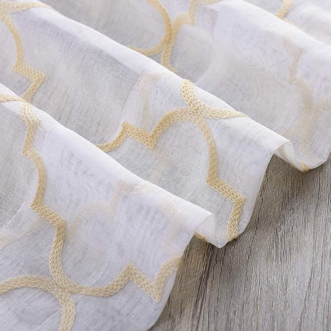 Embroidered Moroccan Tile Lattice Design Gold Sheer Curtains 84 Inch Long, Rod Pocket Sheer Drapes for Living room, Bedroom, 2 Panels, 52"x84", Semi Voile Window Treatments for Yard, Villa, Parlor.