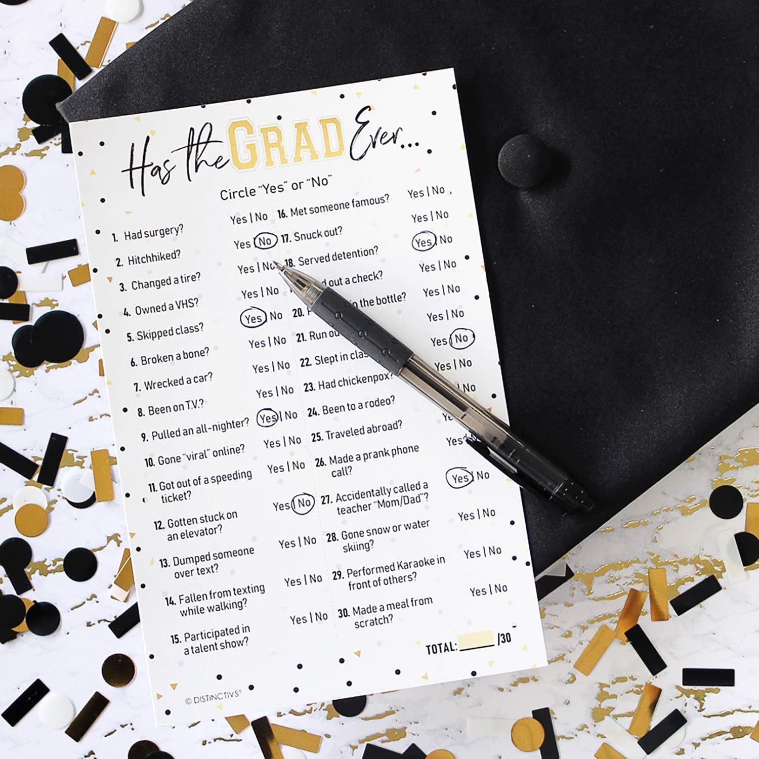 DISTINCTIVS Has The Grad Ever Graduation Party Game, 25 Cards | 5.5" x 8.5" Cards, Never Have I Ever Style, Grad Fills Out Answer Key in Advance, Idea Theme Activity