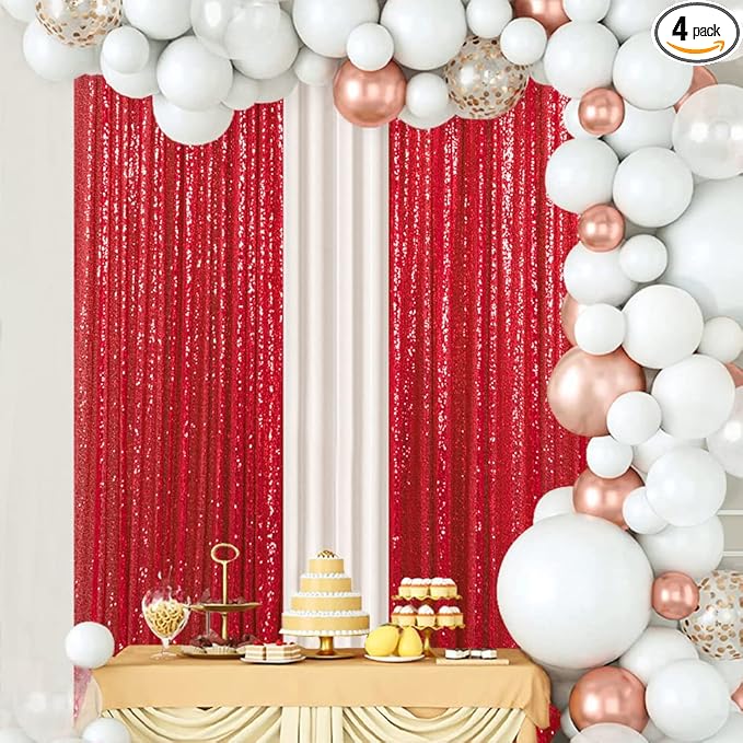 ShinyBeauty 4x10ft Red Sequin Backdrop Curtains | 16ft Glitter Wall Backdrop for Weddings, Parties, and Photography Backgrounds