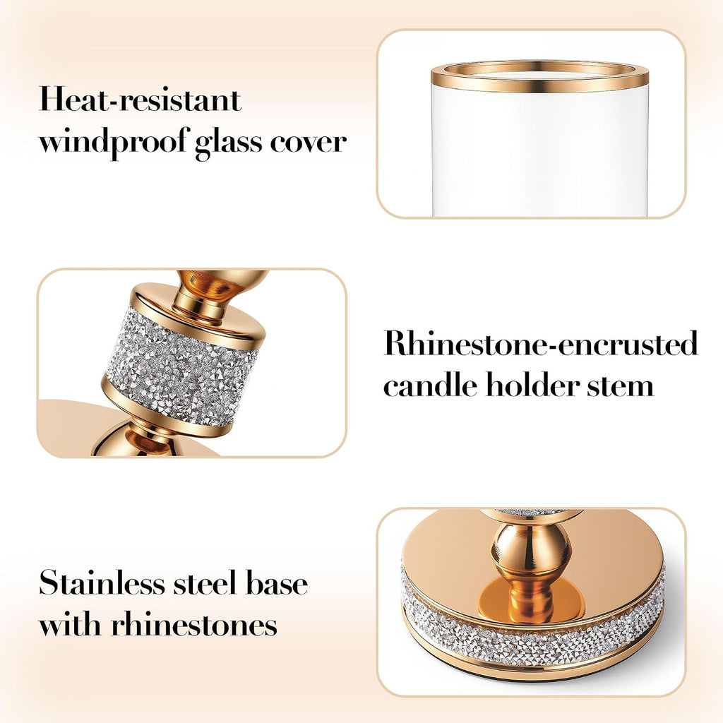 Hurricane Candle Holder, 13.5" Tall Metal Candle Stand, Glass Pillar Candle Holders, Crystal Gold Decorative Centerpieces for Table, Wedding and Dining Room (Fits Candles up to 3"x5", 2pcs, M)
